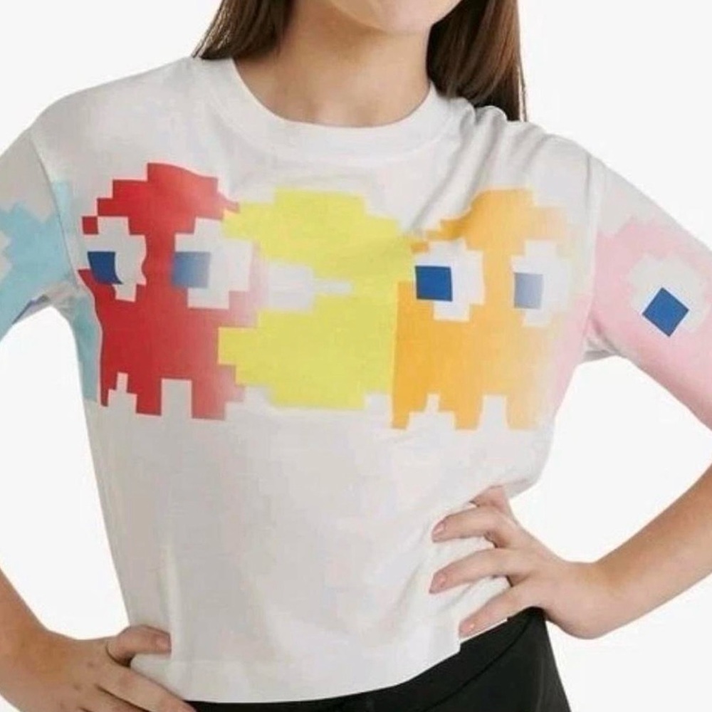 Justice Pac-Man Pixel Ghost Graphic Tee Youth Medium Y2K Crop